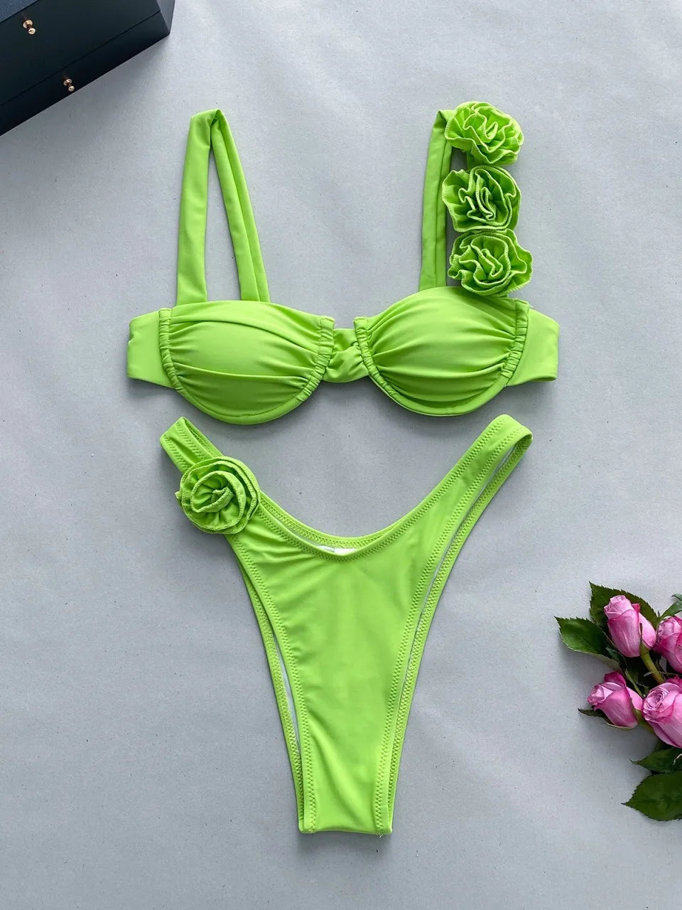 Strappy Bikinis 3D Floral Swimsuit Women Separation Swimwear Female Bathers Bathing Swimming Suit Beachwear