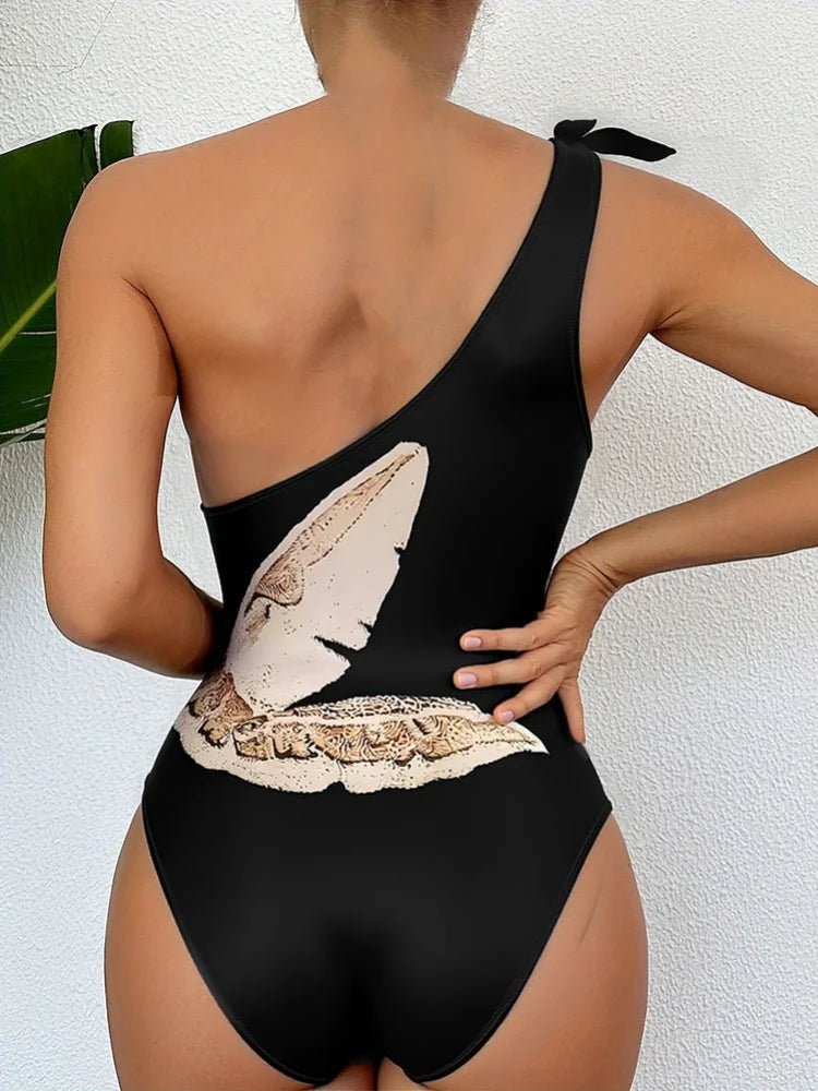 Black Floral Print One Piece Swimsuit Women Tie One Shoulder Slim Tummy Control Swimwear Summer Bathing Suit Monokini
