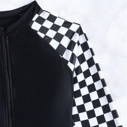 Plaid One-Piece Swimsuits Closed Long Sleeve Swimwear For Sports Surfing Bodysuit Women Swim Bathing Suit Beachwear Pool Bather