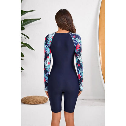 Women's Long-Sleeve One-Piece Rash Guard Wetsuit Print Beach Swimsuit Sports Swimwear Sun Protection Surfing Suit