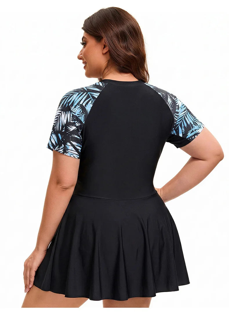 Women Plus Size One Piece Swimsuit Short Sleeve Modest Swimwear Front Zip Skirted Surf Suit UV Protection Rash Guard Swim Dress