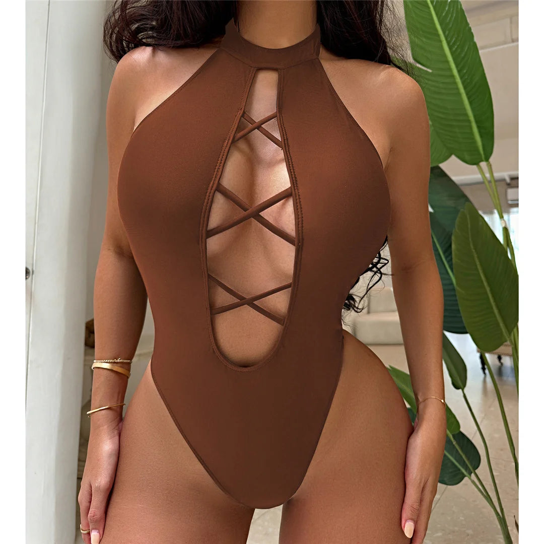 S - XL 7 Colors Lace Up High Neck Full Back Women Swimwear One Piece Swimsuit Female High Leg Cut Bather Bathing Suit Swim