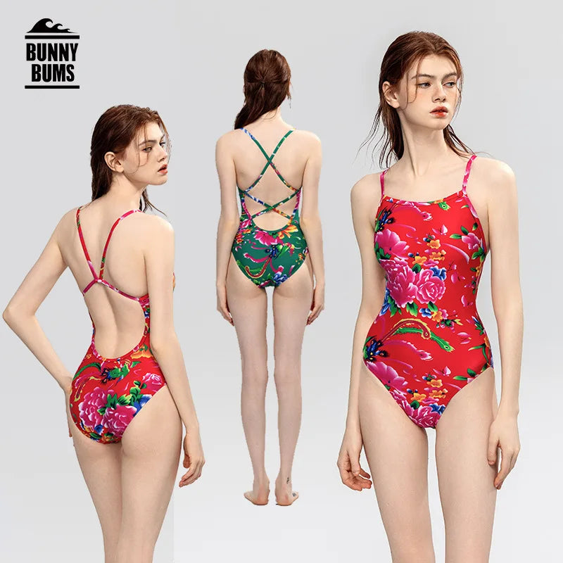 Red & Green Women's Professional Racing One-piece Swimsuits