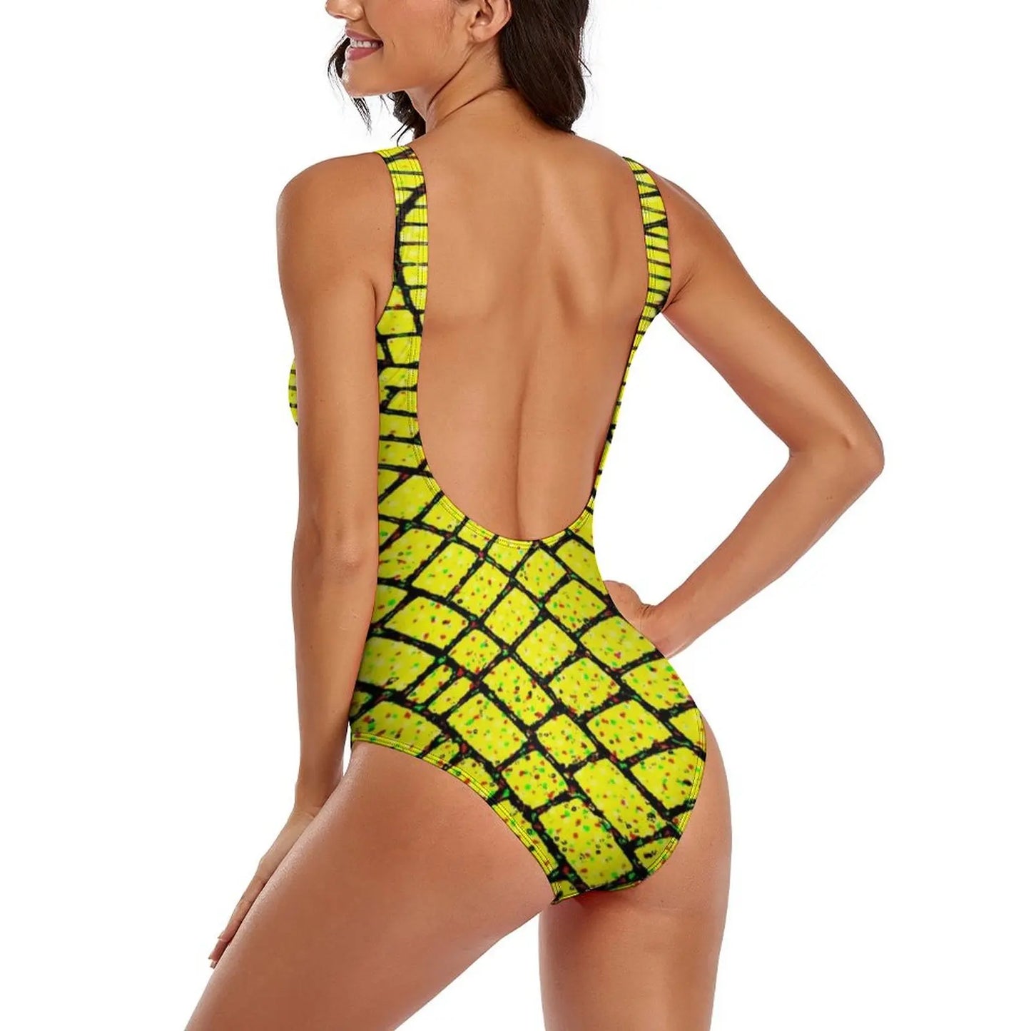 Geometric Art Swimsuit Yellow Brick Road Print One-Piece Swimwear Push Up Elegant Monokini Beach Pattern Swimsuits