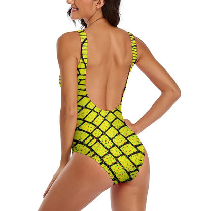 Geometric Art Swimsuit Yellow Brick Road Print One-Piece Swimwear Push Up Elegant Monokini Beach Pattern Swimsuits