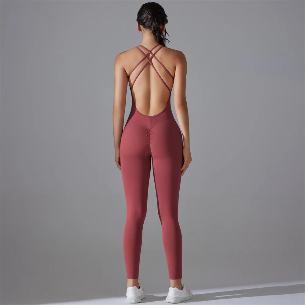 Plus Size S-XL Back V Bodysuits Sports Women Gym Rompers Yoga Set Scrunch Legging Workout One-Piece Jumpsuit Suit Active Wear