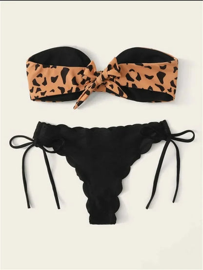 Beach Bikini Woman Front Lace Up Tie Bandeau Leopard Swimsuit Female Push Up Ruffled Bow Bathing Suit Thong Swimwear