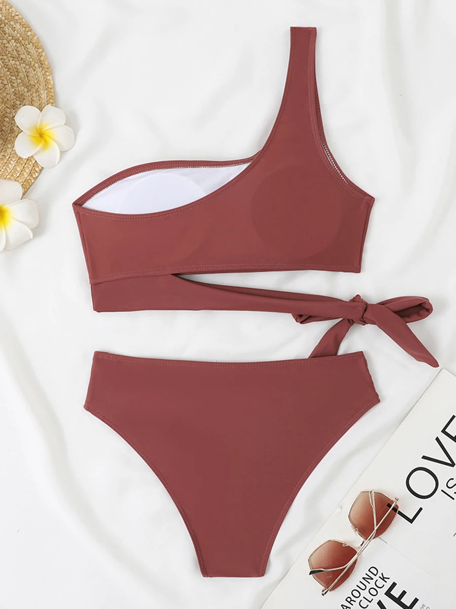 One Shoulder Bikini Set Swimsuit Women Solid Padded Swimwear Female Bathers Bathing Swimming Swim Suit Beachwear