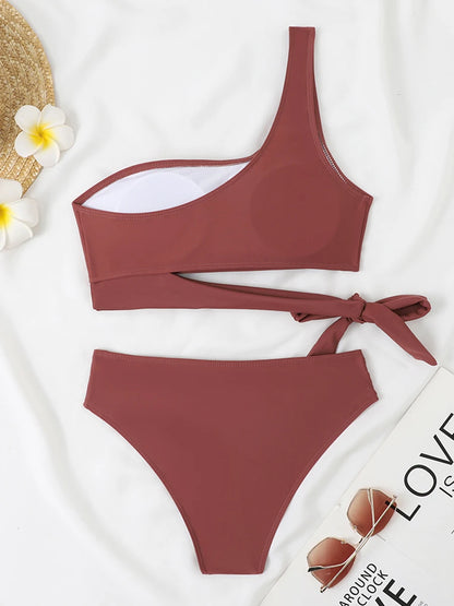 One Shoulder Bikini Set Swimsuit Women Solid Padded Swimwear Female Bathers Bathing Swimming Swim Suit Beachwear