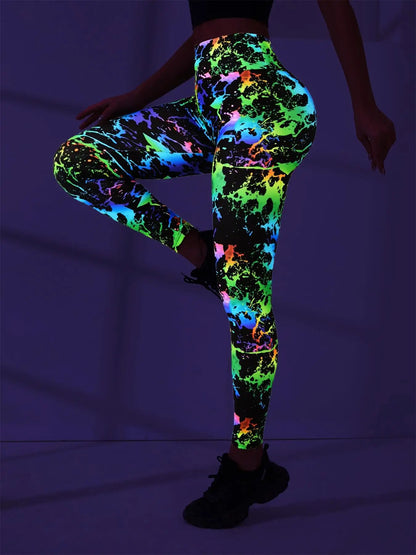 high-waisted, hip-lifting digital printed yoga pants, women's sports and fitness fluorescent hip-lifting tight pants