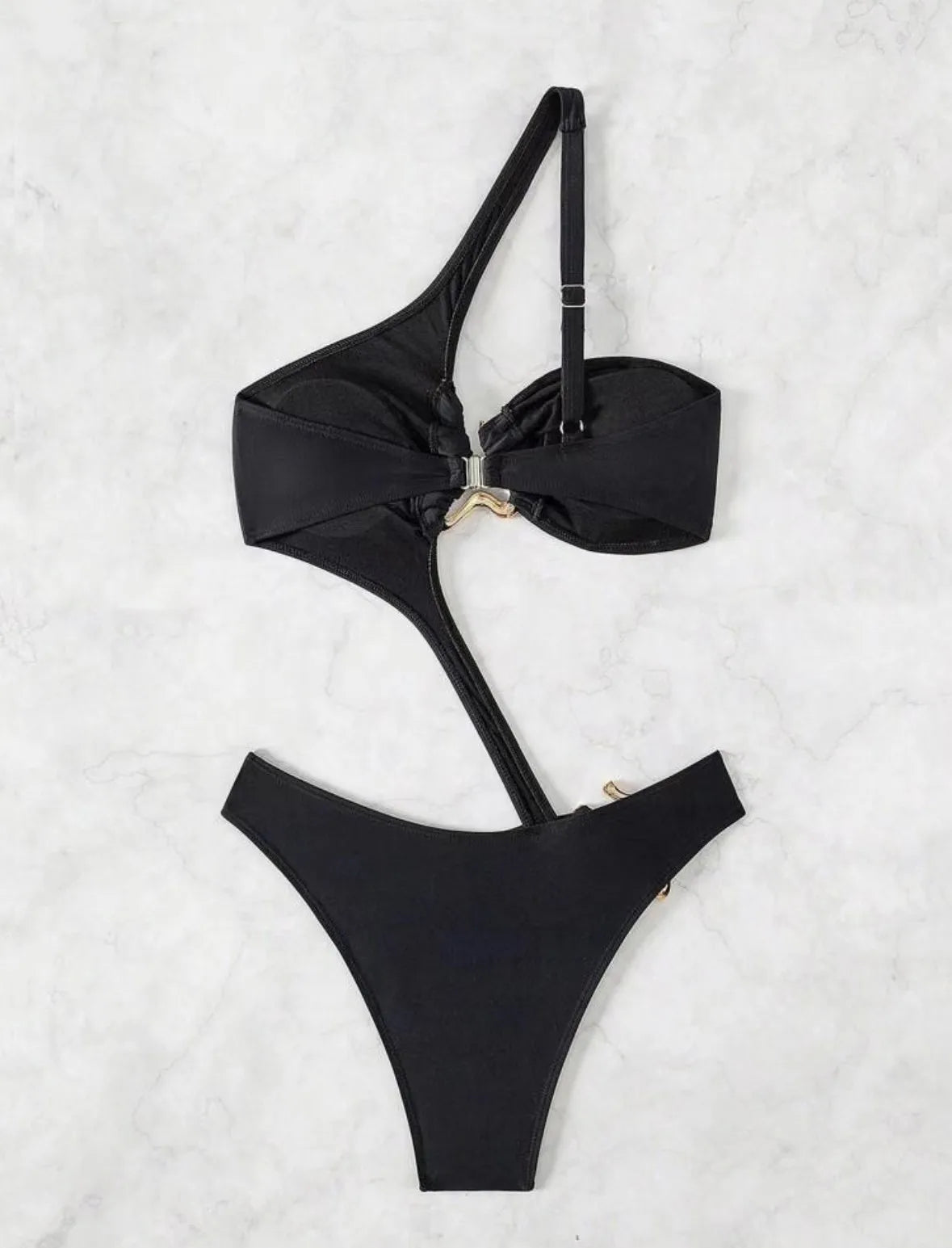 Black or Blue Bikini one-piece solid color one shoulder gold clip swimsuit bathers