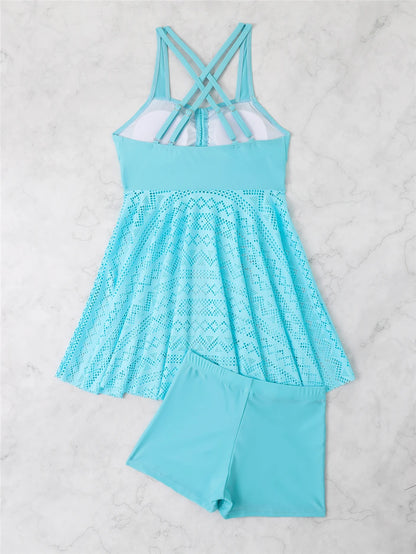 2 Pieces Front Drawstring Swimwear Women Hollow Out Swimsuit Beach Skirt Solid Tankini Female Bathers Swimming Beach Wear