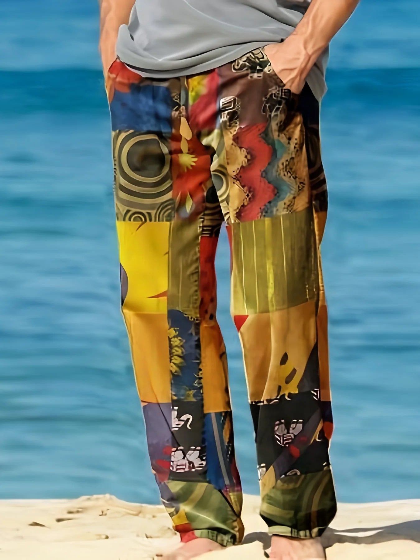 Summer Men's Cotton Linen Casual Pants Retro Ethnic Printing Mid Waist Drawstring Closure Large Size Wide Leg Beach Pants