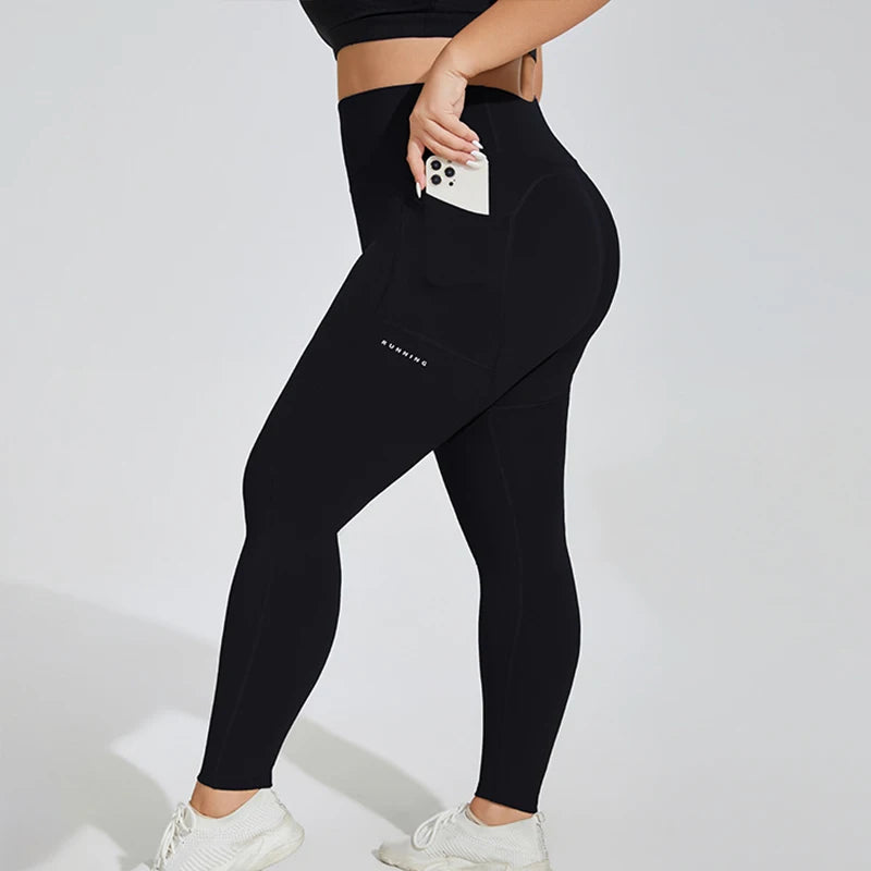 XL~4XL Gym Leggings Yoga Oversized Women's Pants Two Side Pockets Tight Breathable Elastic High Waist Womens Clothing