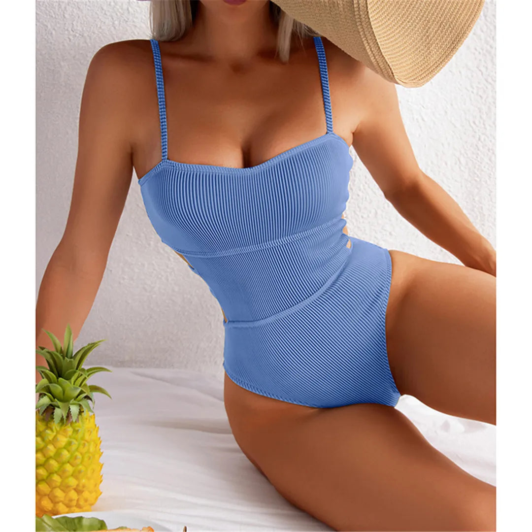 S - XL 11 Colors Ribbed Cut Out One Piece Swimsuit Women Swimwear Female High Leg Cut Padded Bather Bathing Suit Swim Lady