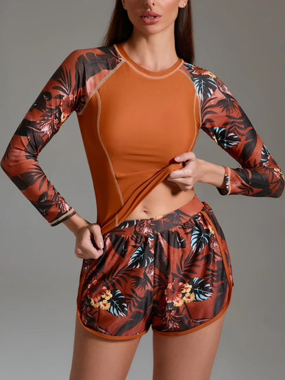 Two Pieces Surfing Swimsuit Female Long Sleeve Rash Guard Print Swimwear Women Diving Sporty Beachwear Bathers Bathing Swimming Suit