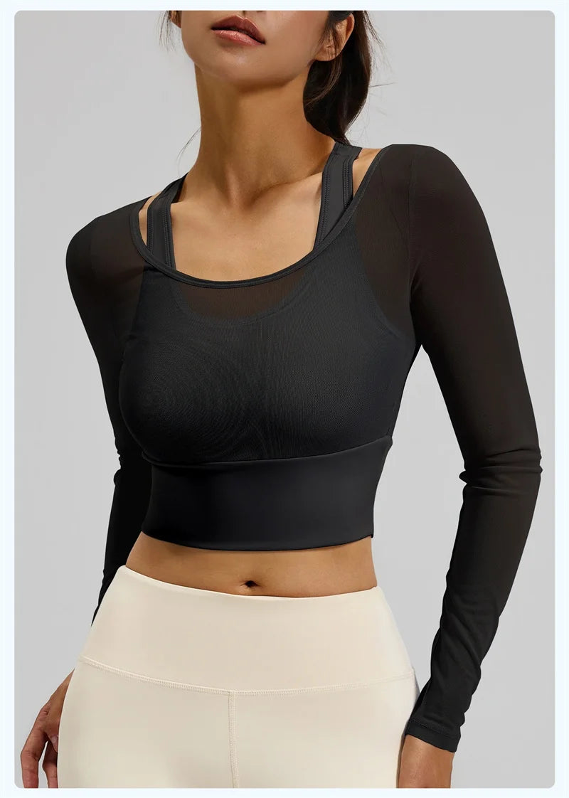 Women's Long-Sleeve Mesh Gym Crop Top with Padded Bra