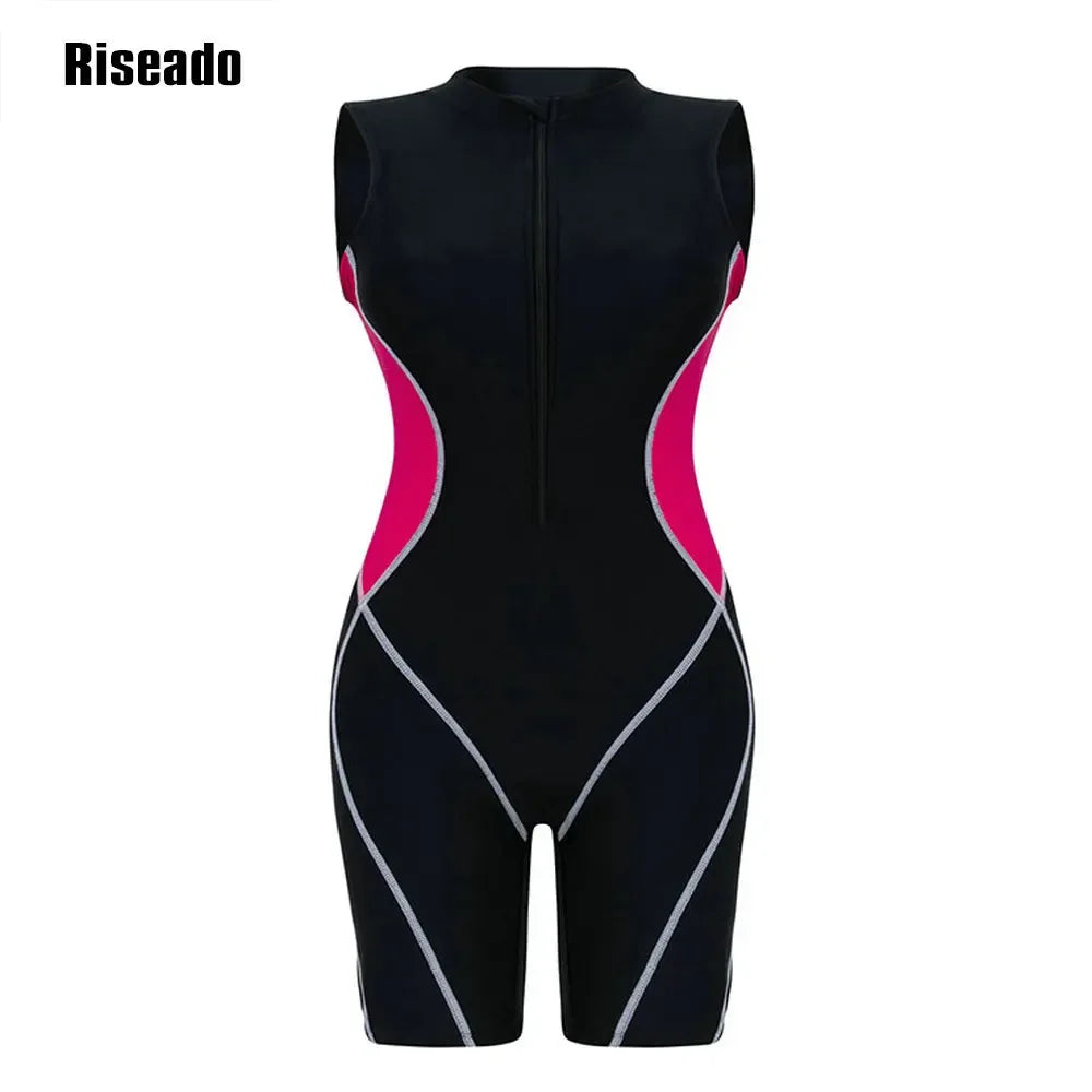 Athletic Women's Boyleg One Piece Swimsuit Knee Length Zip Front Sports Bathing Suit Big Size