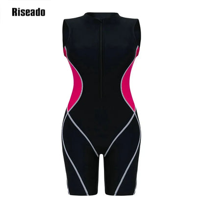 Athletic Women's Boyleg One Piece Swimsuit Knee Length Zip Front Sports Bathing Suit Big Size