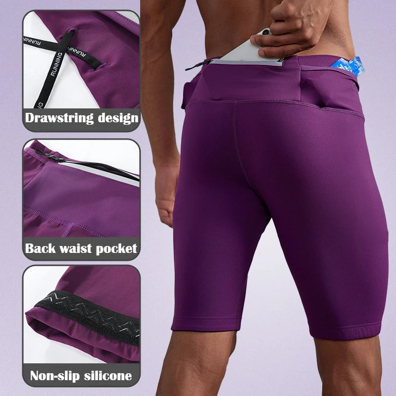 Men's Marathon Running Training Compression Shorts Quick Dry Sports Jogging Tights Fitness Waist Belt Bag Shorts Sportwear Male