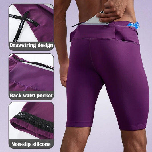 Men's Marathon Running Training Compression Shorts Quick Dry Sports Jogging Tights Fitness Waist Belt Bag Shorts Sportwear Male