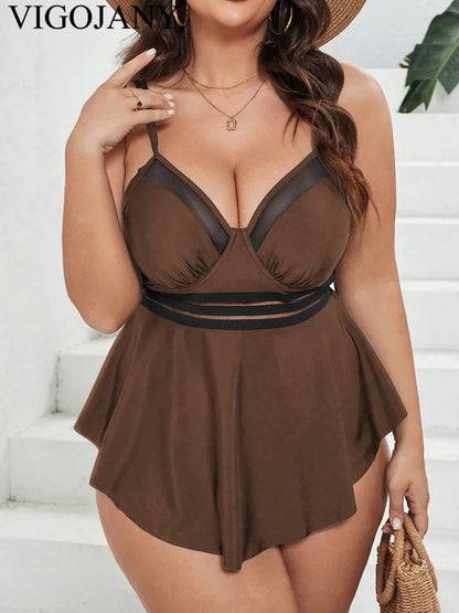 Solid Patchwork Plus Size Tankini Women Push Up High Waist Big 2 Piece Swimsuit Backless Beach Large Bathing Suit