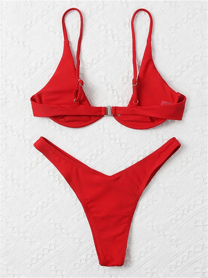 Bikini Women Solid Red Push Up Bra Thong Swimsuit Haler V Neck Bathing Suit Mini Micro Thong Swimwear