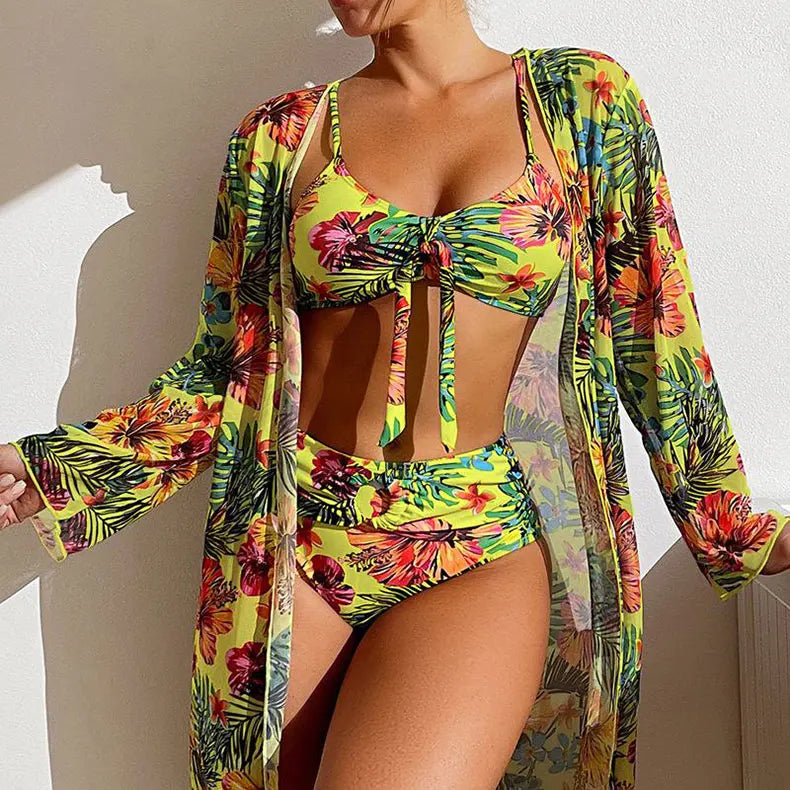 Split Three Piece Floral Printed Swimsuit Women Bikini Set Wireless Bra with Pad Sport Top Long sleeve Blouse Swimwear