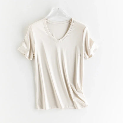 10% Silk & Mercerized Cotton Women T-shirt Luxury Tee Short Sleeve Silky Feeling Summer Wear Tops V / O-neck