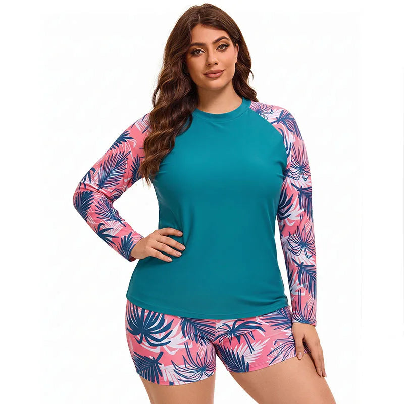 Women Plus Size Swimwear Long Sleeve Rash Guard Modest Two Piece Swimsuit UPF 50+  Rash Guard Beachwear Beach Bathing Suit
