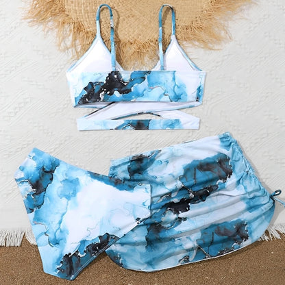 3 Pieces Tie Dye Print Bikini  Girls Swimsuit with Skirt Kids Swimwear Female Bathers Bathing Swimming Swim Suit Beachwear
