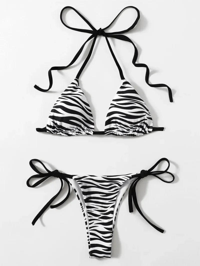 zebra striped micro bikini women halter push up bra triangle swimsuit Brazilian summer bathing suit swimwear swimming suit