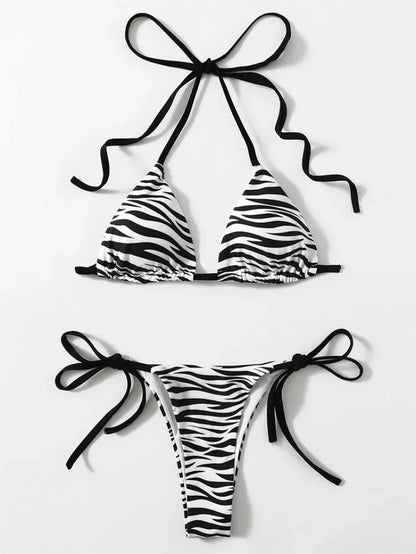 zebra striped micro bikini women halter push up bra triangle swimsuit Brazilian summer bathing suit swimwear swimming suit