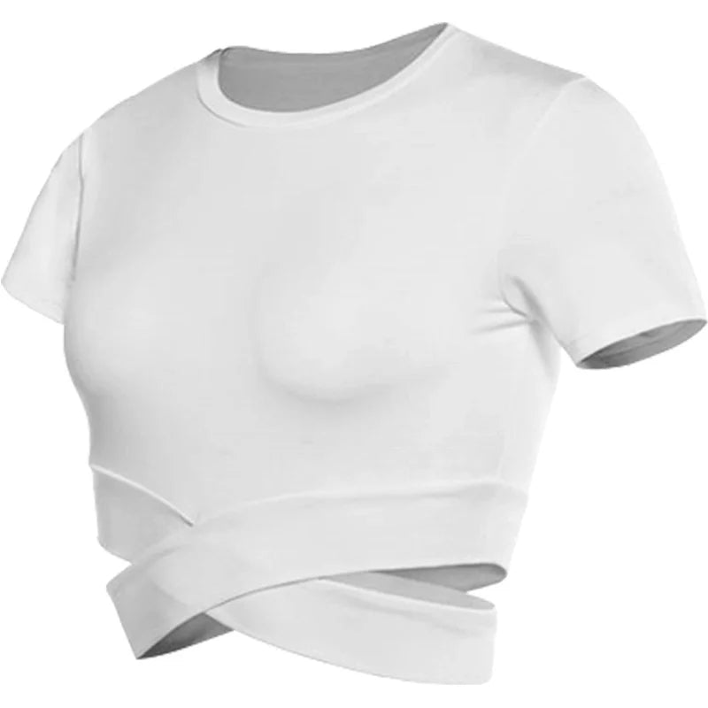 Aiithuug Waist Yoga Short Sleeve Crisscross Waist Breathable Gym Shirts Sports Tops Workout Fitness Crop Top Yoga Top
