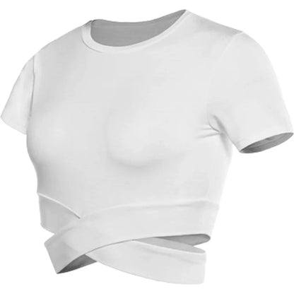 Aiithuug Waist Yoga Short Sleeve Crisscross Waist Breathable Gym Shirts Sports Tops Workout Fitness Crop Top Yoga Top