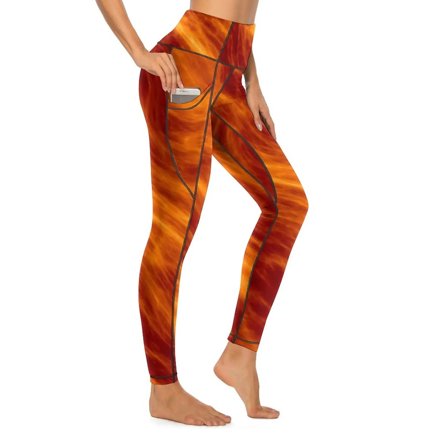 Red Fire Yoga Pants Pockets Abstract Print Leggings Push Up Kawaii Yoga Sports Tights Quick-Dry Workout Gym Leggins