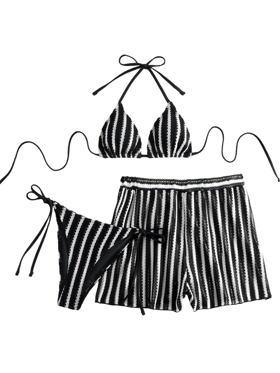 3 Pieces Halter Bikini Striped Print Swimsuit With Mesh Shorts Swimwear Female Bathers Bathing Swimming Suit Beachwear