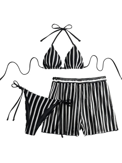 3 Pieces Halter Bikini Striped Print Swimsuit With Mesh Shorts Swimwear Female Bathers Bathing Swimming Suit Beachwear