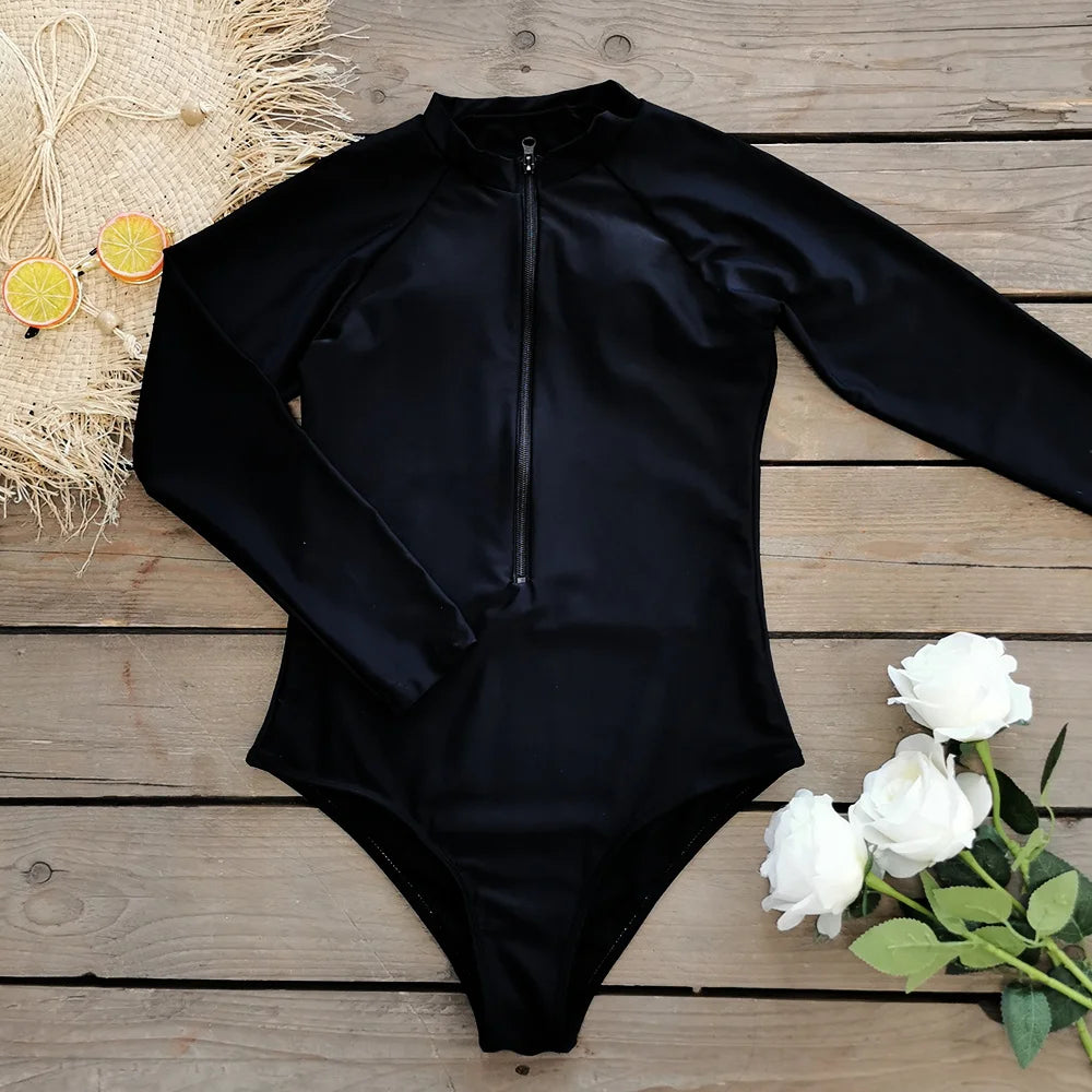 Surfing Sport Swimsuit Long Sleeves Women One Piece Swimsuit Swimwear Solid Monokini Bathing Suit Tropical Bodysuit Female