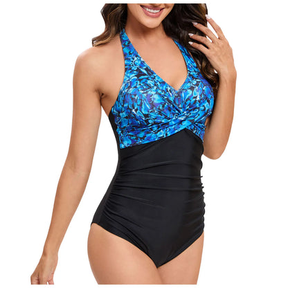 Tummy Control Swimsuit Summer Swimwear Women Biquini Cross Front Halter Neck Ruched Backless Color Block Bathing Suit