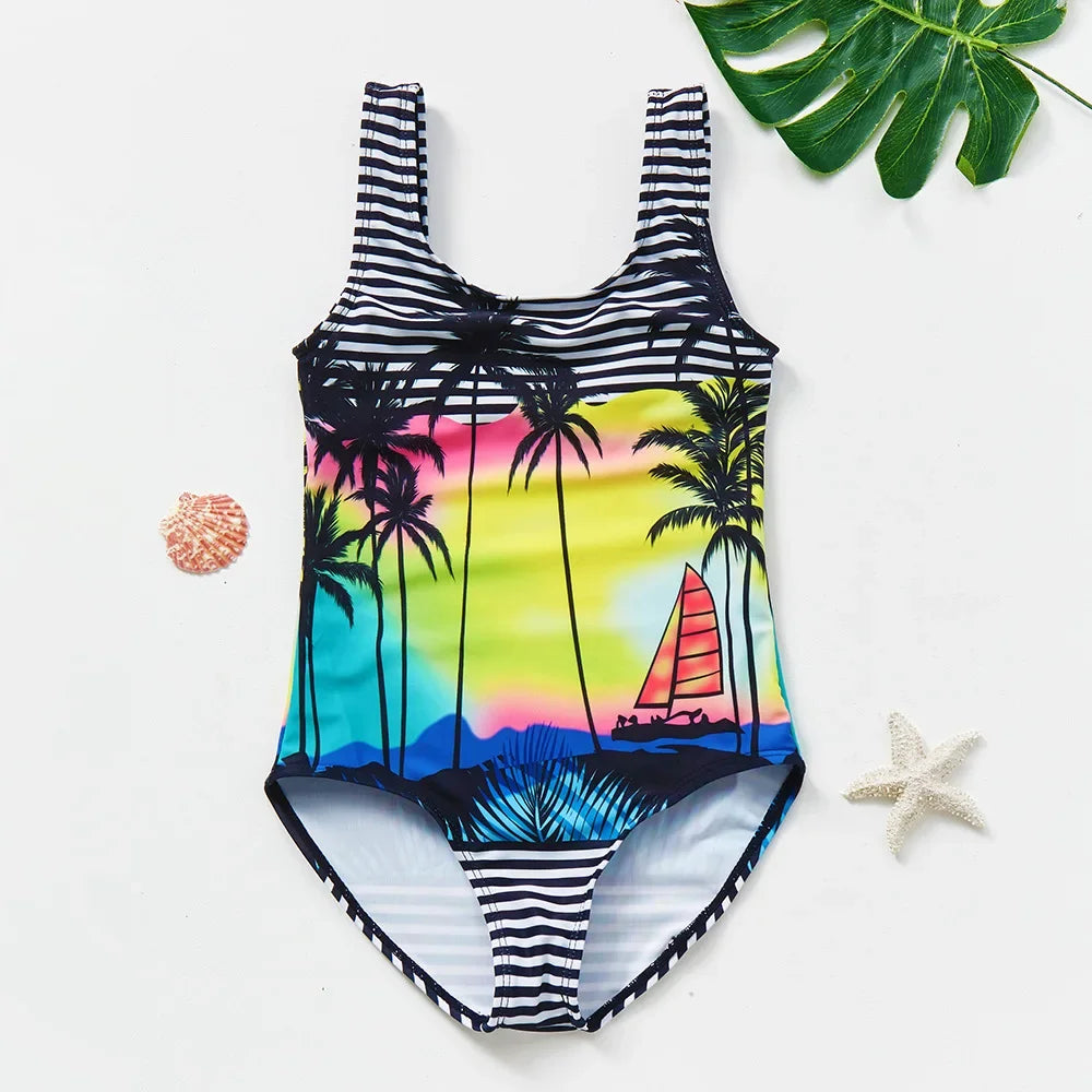 Girls One Piece Swimsuits Rainbow Print Backless Swimwear for Children Summer Kids Bathing Suits Bikinis 2-8 Years Children
