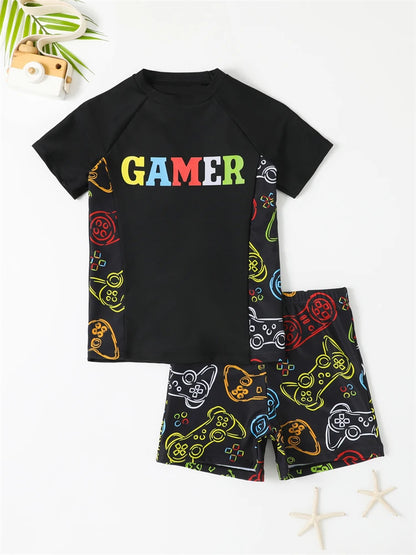 Boy Swimsuit Graffiti Print Short Sleeve Children Swimwear Summer Two Piece Kids Beach Wear Swimming Bathing Suit Boys