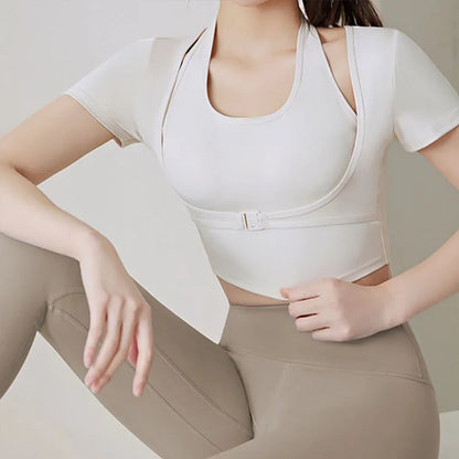 Two Pieces Yoga Shirts Short Sleeve Yoga Crop Tops Build In Cup Gym Crops Gym Shirt Fitness Workout Top Halterneck