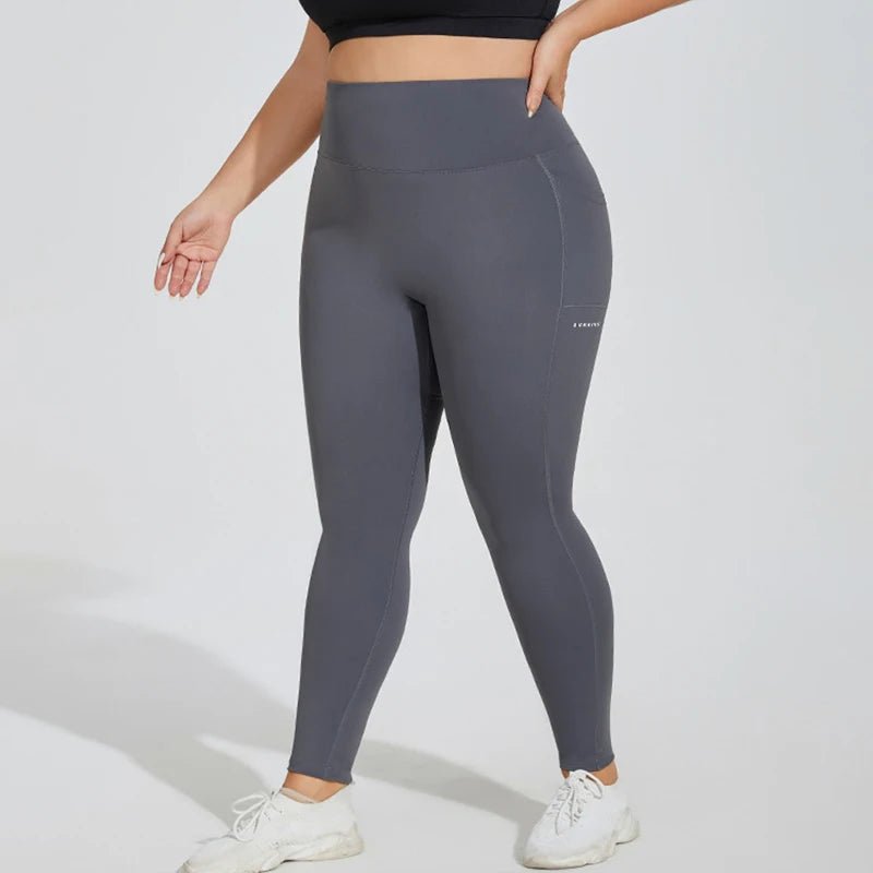 XL~4XL Gym Leggings Yoga Oversized Women's Pants Two Side Pockets Tight Breathable Elastic High Waist Womens Clothing