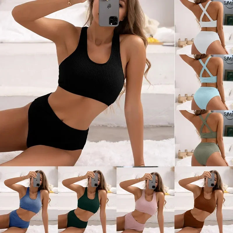 Bikini High Waist Women Swimsuit Solid Ribbed Swimwear Push Up Bikinis Set Summer Beachwear Bathing Suit Female