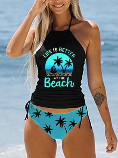 Women's Bathing Suit Coconut Drawstring Side Halter Neck Tankini Set Summer Beach Wear Cute Swimwear Women Swimsuit Bikini