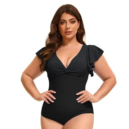 Swimsuit Plus Size Color Block One-Piece Swimsuit with Flounce Sleeves Swimwear XL-5XL