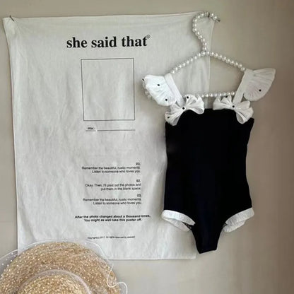 Korean Style Summer Black Kids Girls Fashion Swimsuit Baby Children's Swimwear Bathing Suits Beach Swimming Clothing