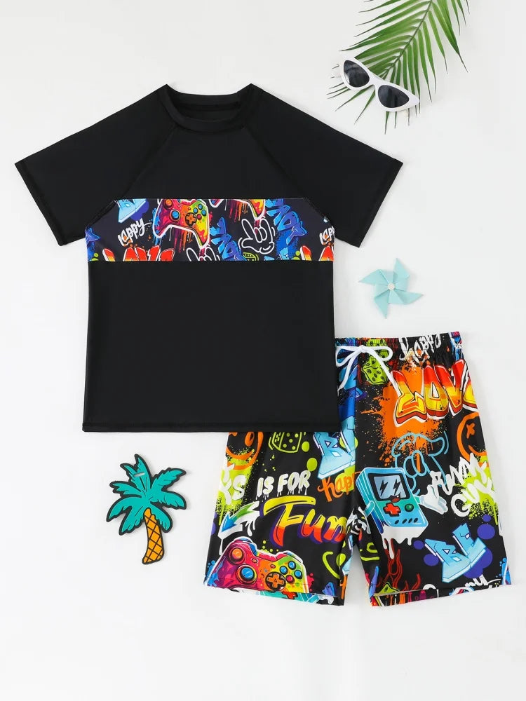 Boys' Black Game-Console Short-Sleeve Rash Guard & Shorts Set