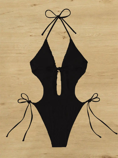 Cikini-Cut Out Tie Side Halter Swimsuit for Women, Monochromatic, Beach Swimwear, Bathing Suit, Summer